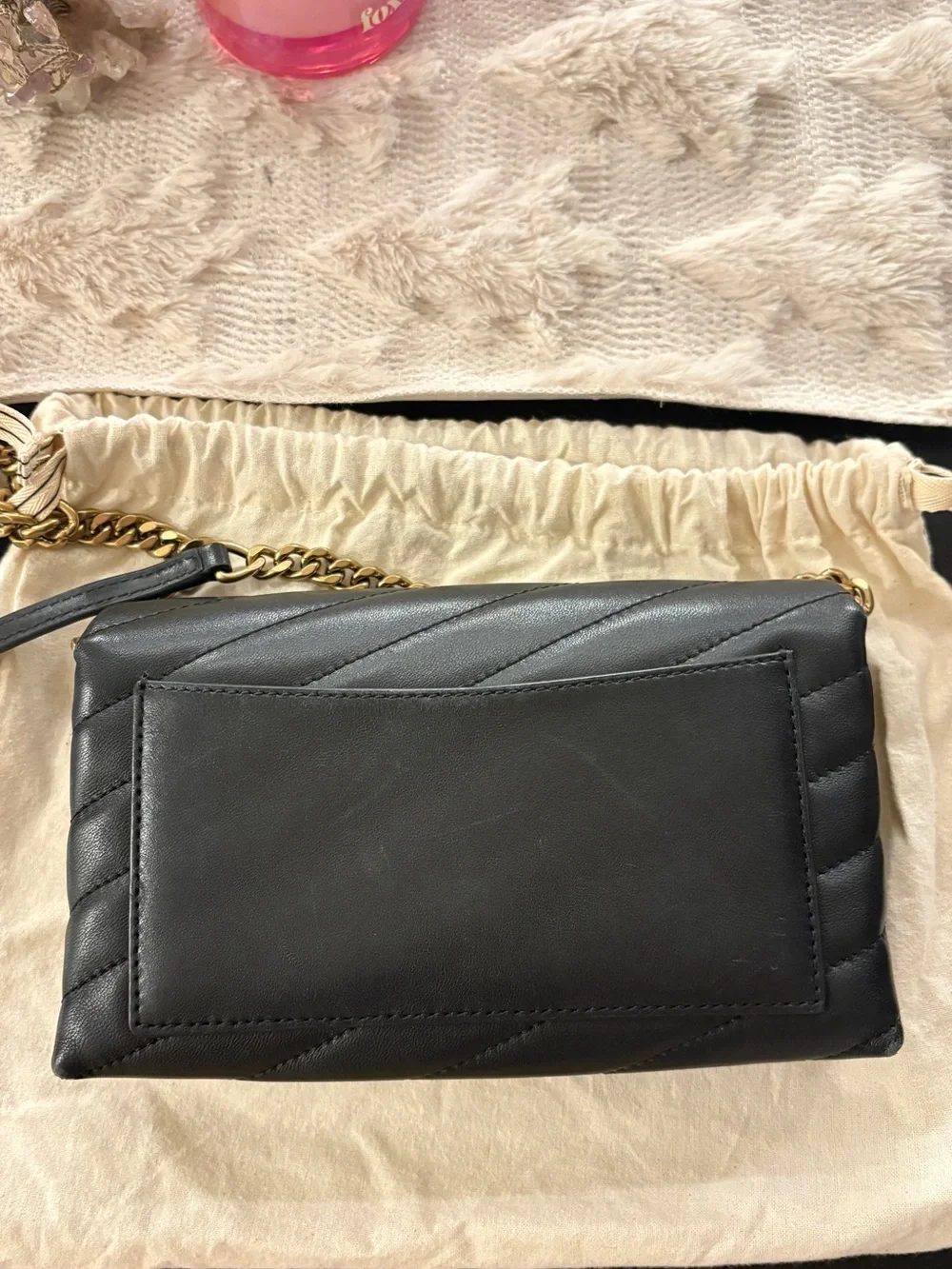 Tory Burch Kira Quilted Black Leather Crossbody Bag with Gold Logo Accent